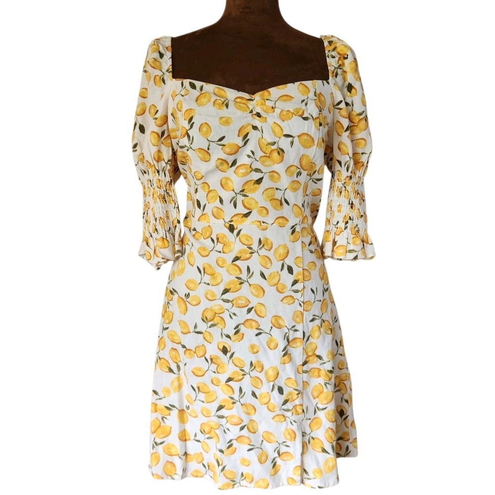 Mi Ami Lemon Print Dress Size Large Linen Blend Mini Women's Summer Sundress